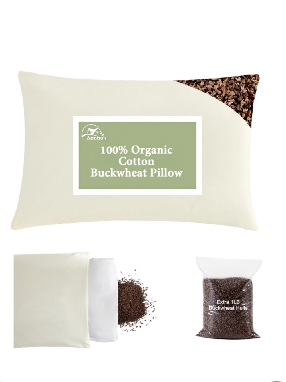 LARGE 100% Organic Cotton Buckwheat Pillow w Extra Buckwheat Hulls 20x26” CREAM